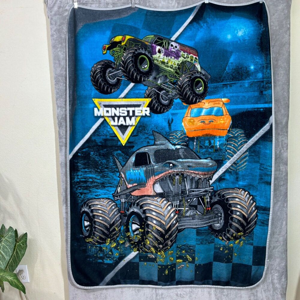 Monster Jam Fleece Throw Blanket Grave Digger Meggladon &  Orange truck 57”x 45”